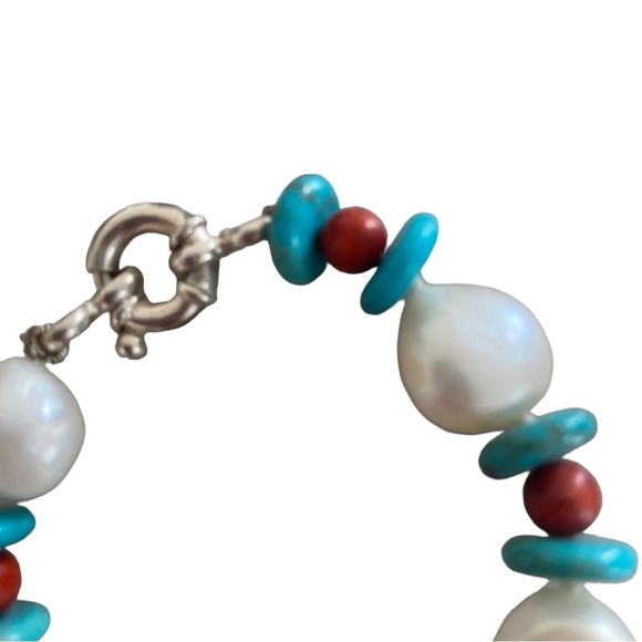 Chunky real Pearl bracelet 925 Sterling silver large clasp turquoise, coral bead - Picture 8 of 9
